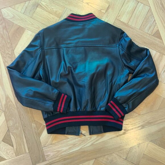 Black/Red Leather Varsity Bomber Jacket - Picture 2 of 3